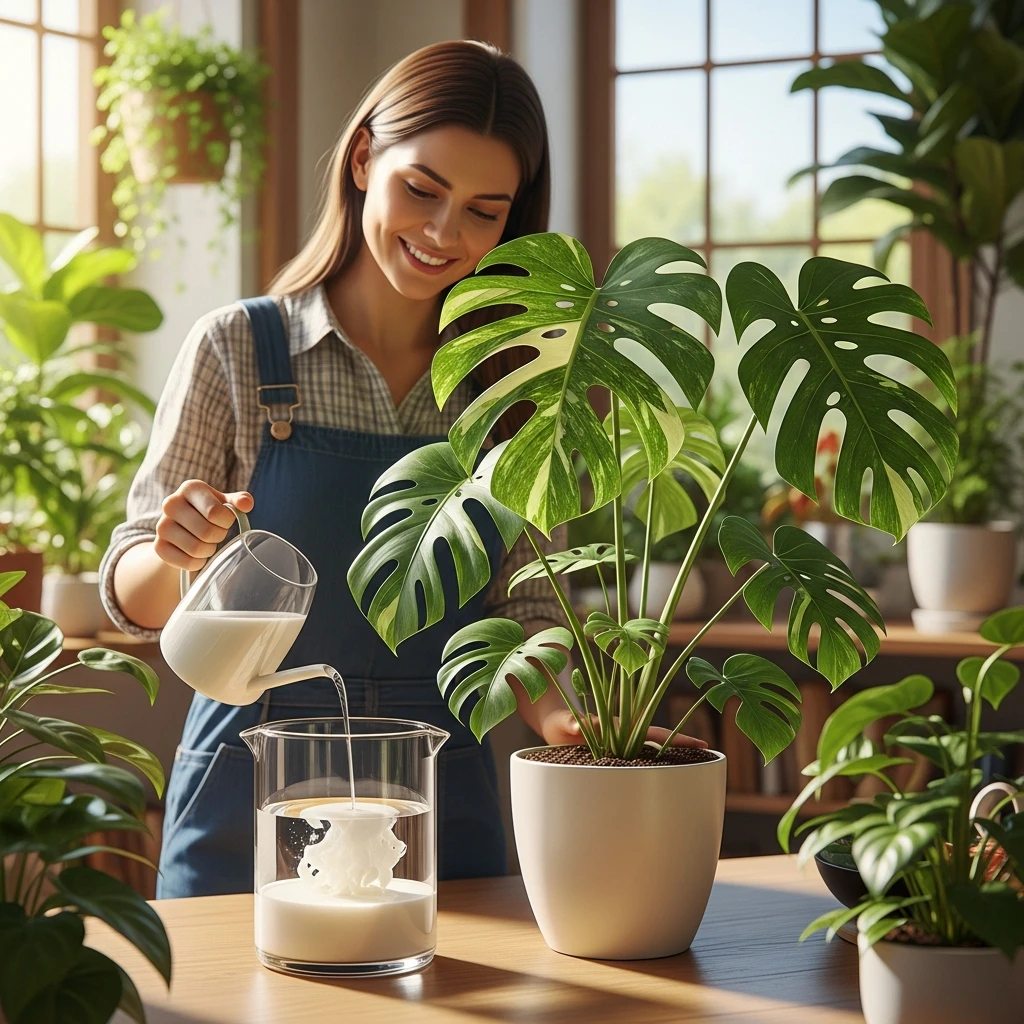 a woman pouring water to mix milk in thai constellation monstera