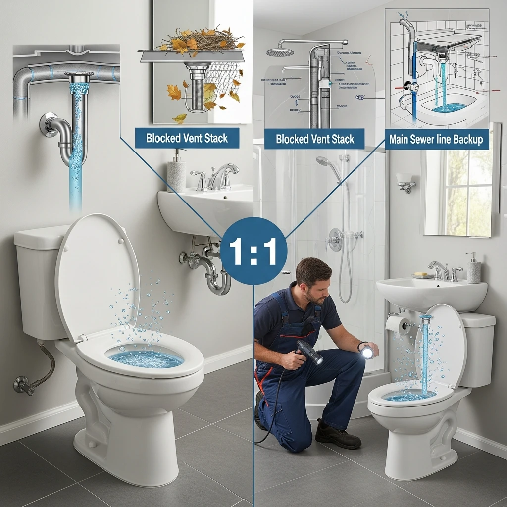 Diagnose the cause of toilet bubbling based on different plumbing situations?