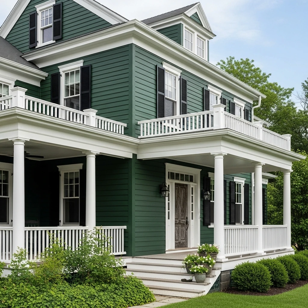 Dark Green Exterior with White Porch Accents