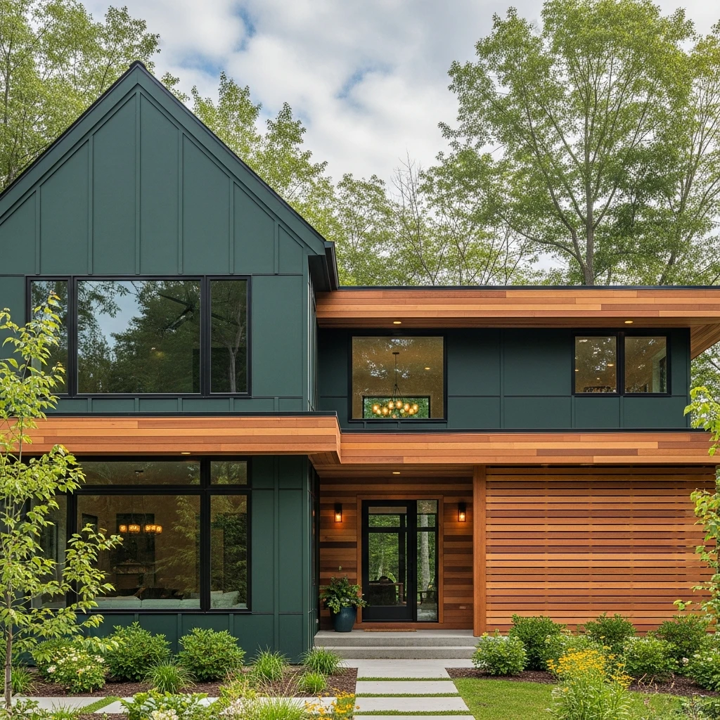 Dark Green House with Cedar Wood Accents