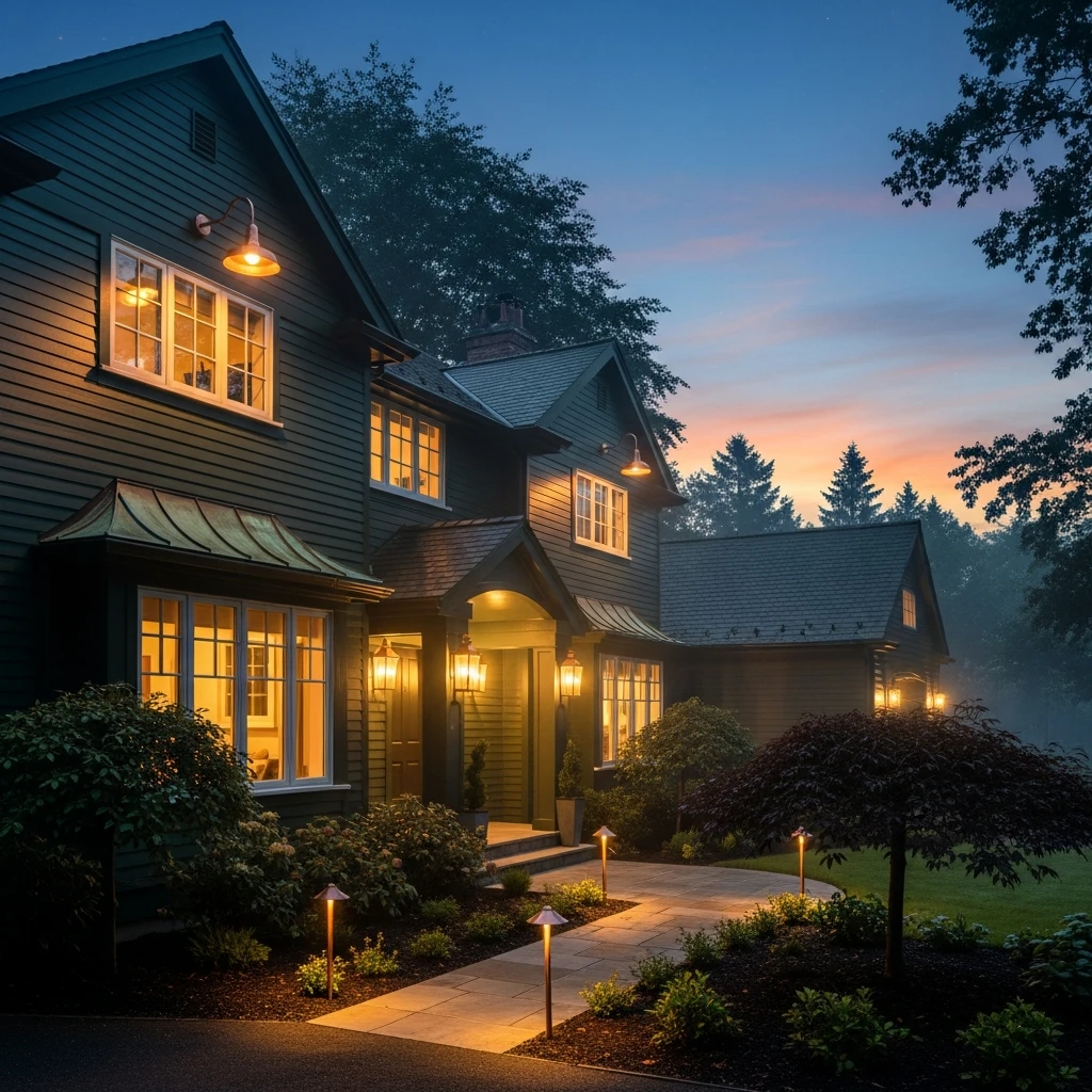 Dark Green House with Copper Lighting