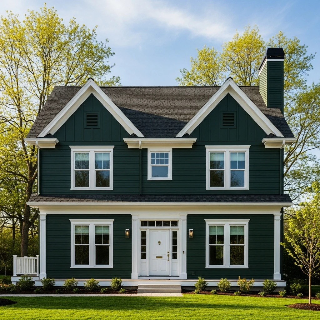 Dark Green House with White Trim