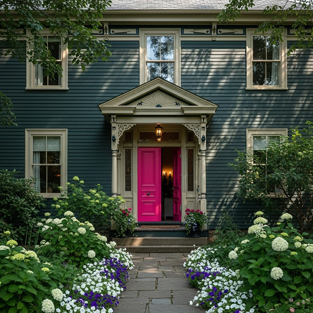 Dark Green House with a Pink Door