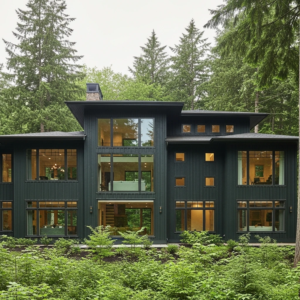 Dark Green house with Large framed windows