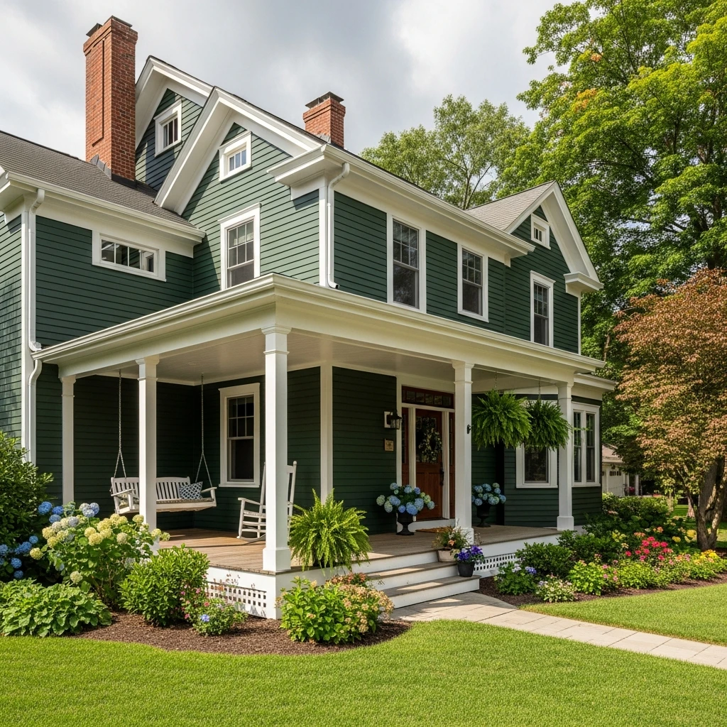 Dark Green house with white Porch ceilings