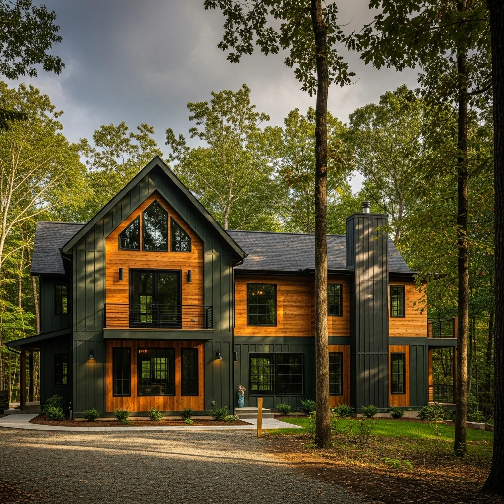 Dark Green house with wood and metal Accents