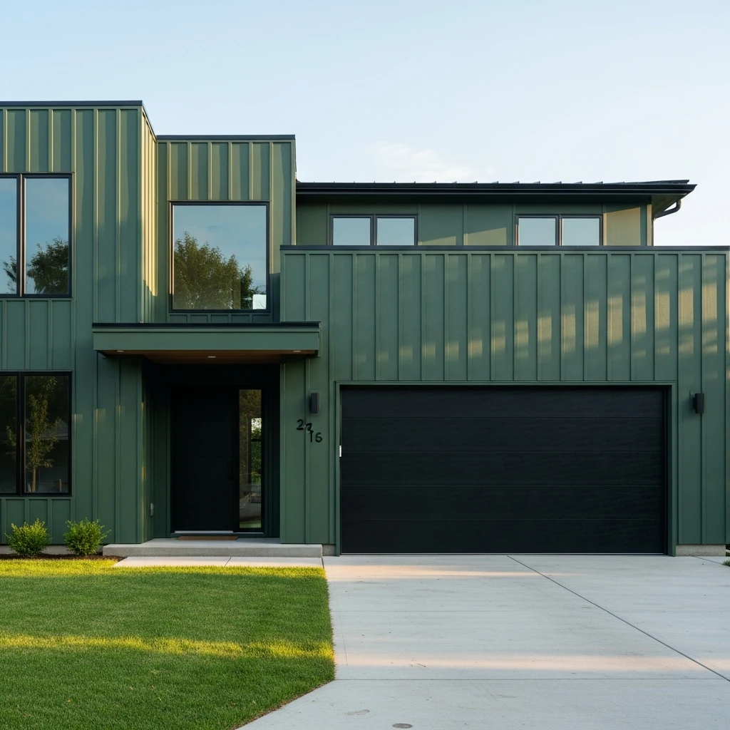 Dark green house with Black Garage Door