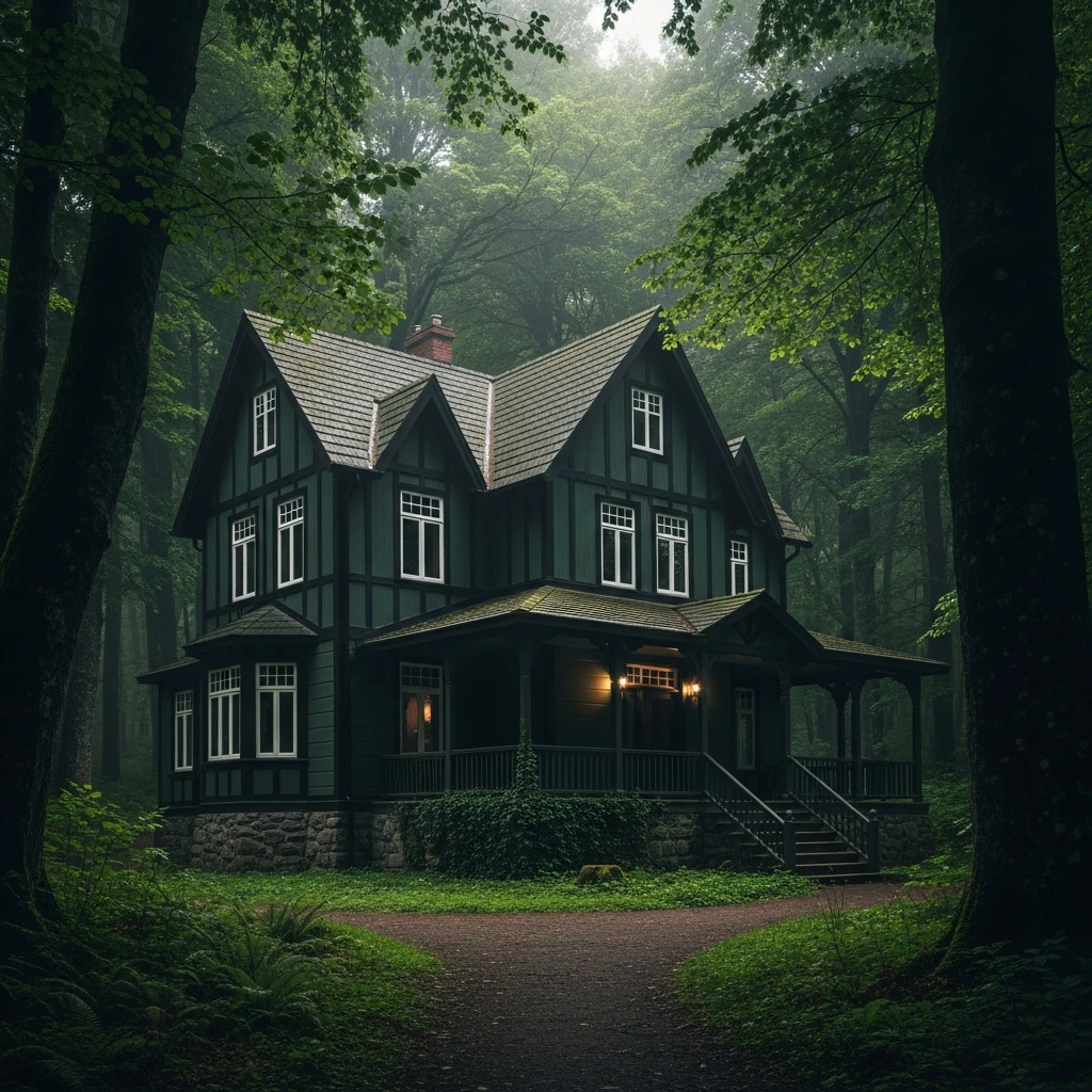 3. Forest Dark Green House With Black Trim and White Windows