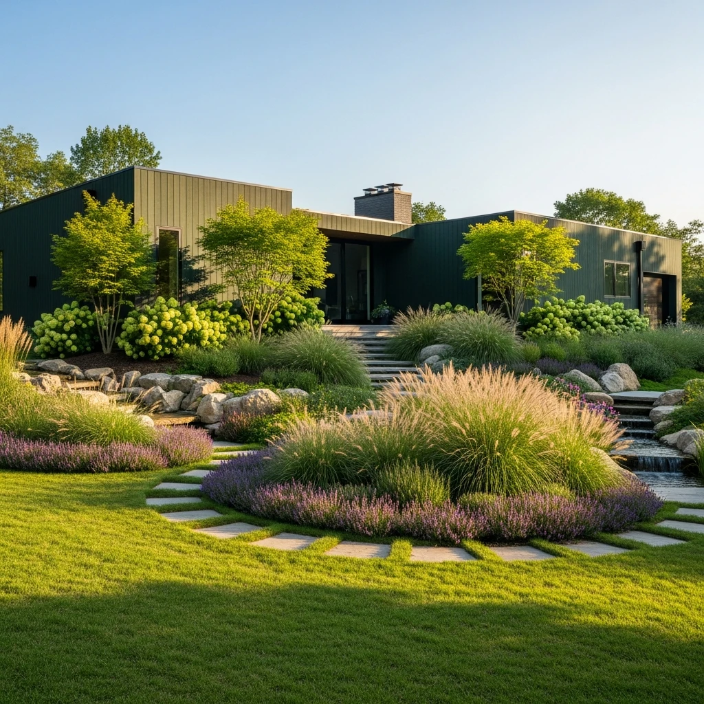 Use landscaping to soften the bold exterior of a dark green house