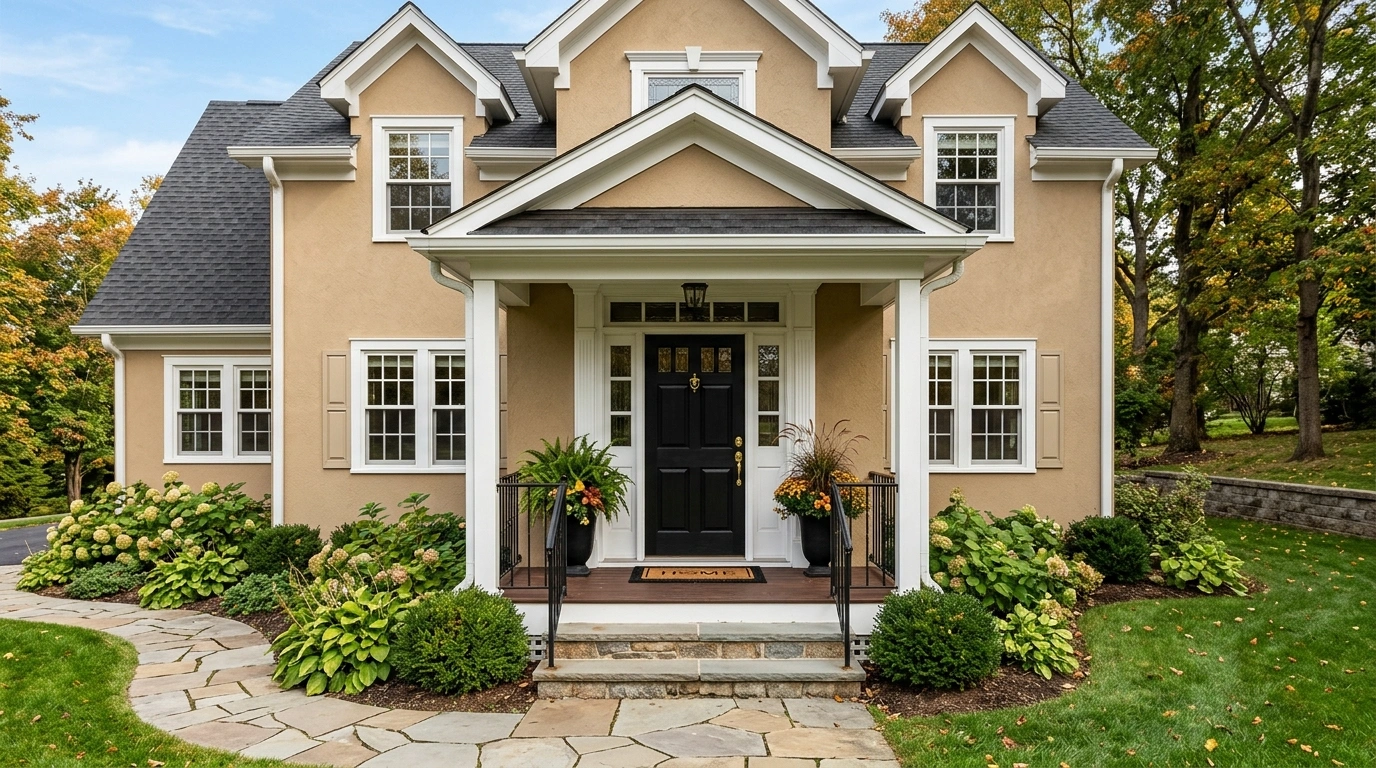 A Bold Black Front Door with Tan House