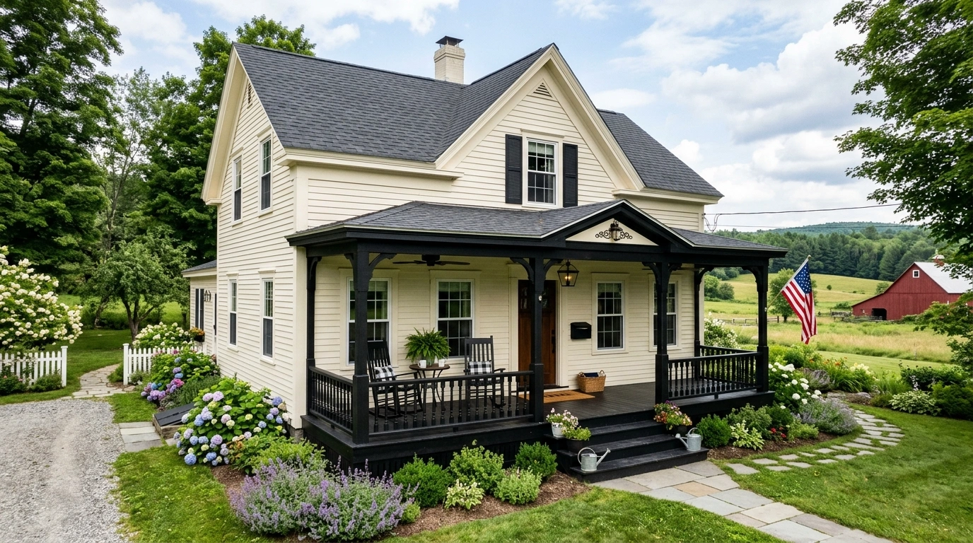 Cream Farmhouse with Black Porch