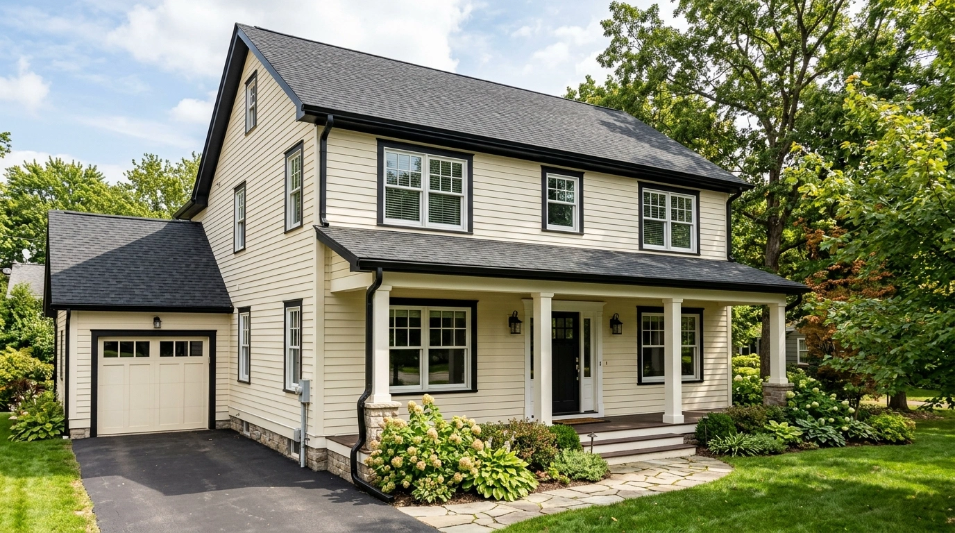 Cream House with Black Gutter and Fascia