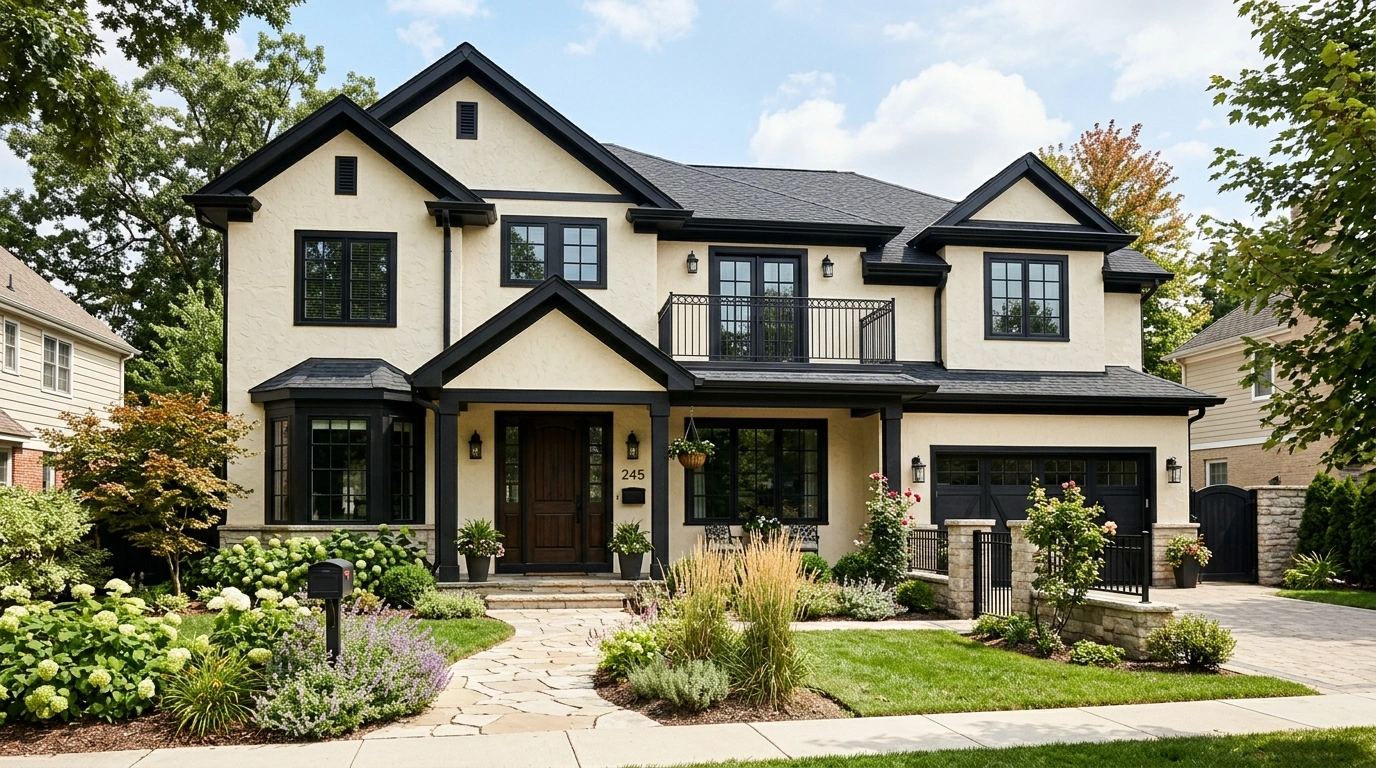 Cream House with Black Trim and Stucco Walls