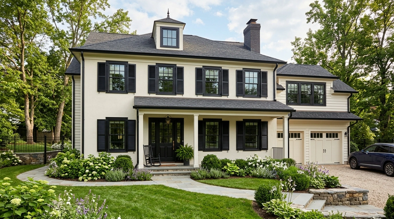 Cream House with Black Trim and bLack Shutters