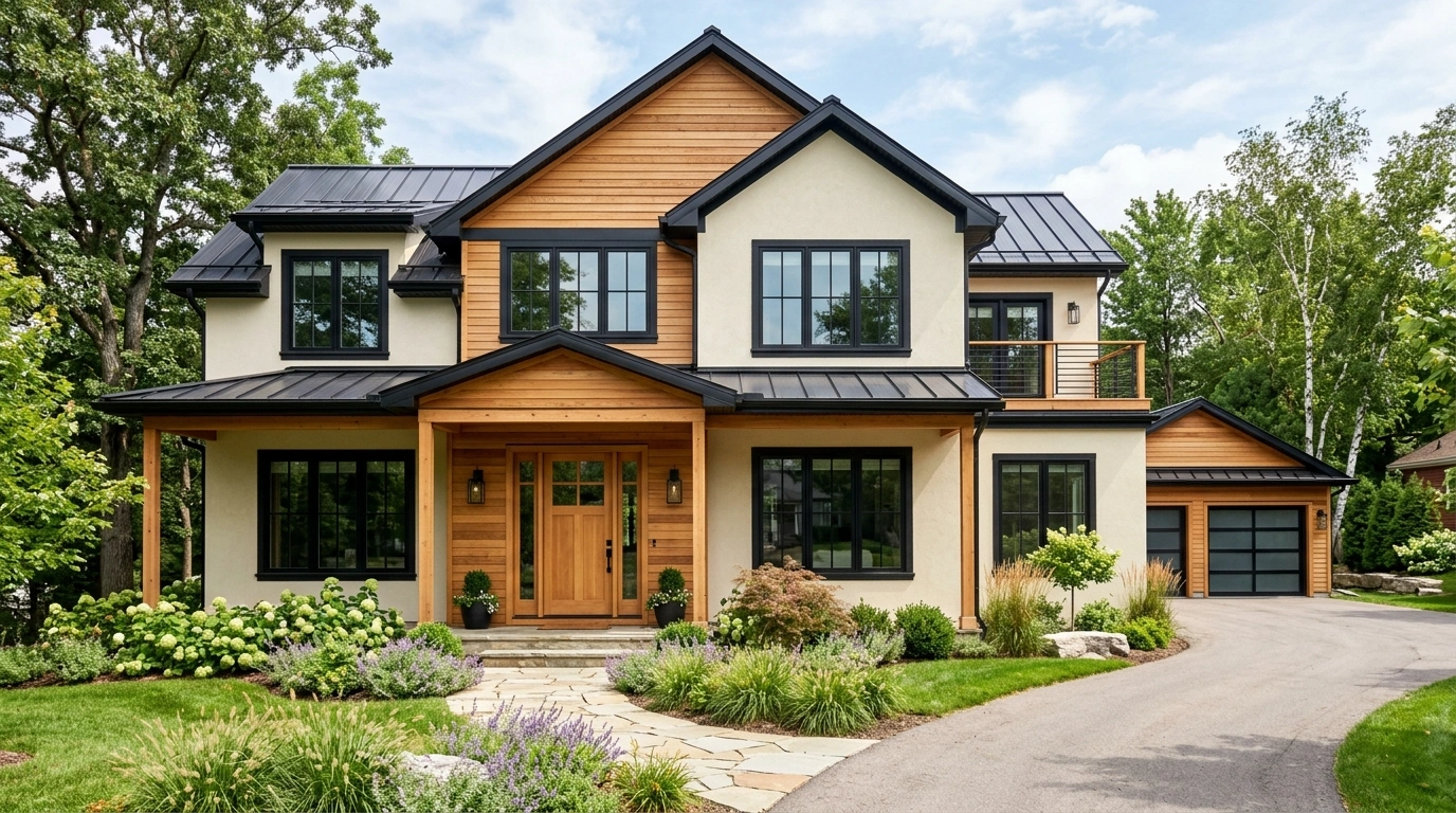 Cream House with Black Trim and Natural Wood