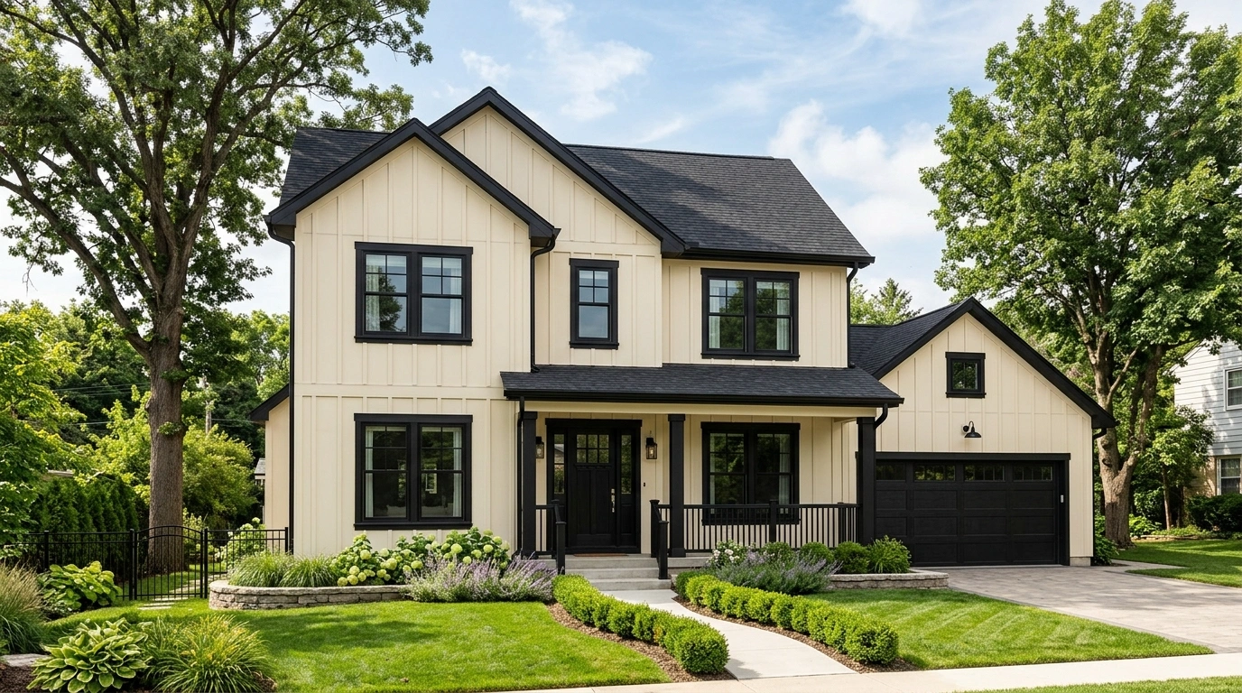 Cream House with Black Trim and a Black Roof
