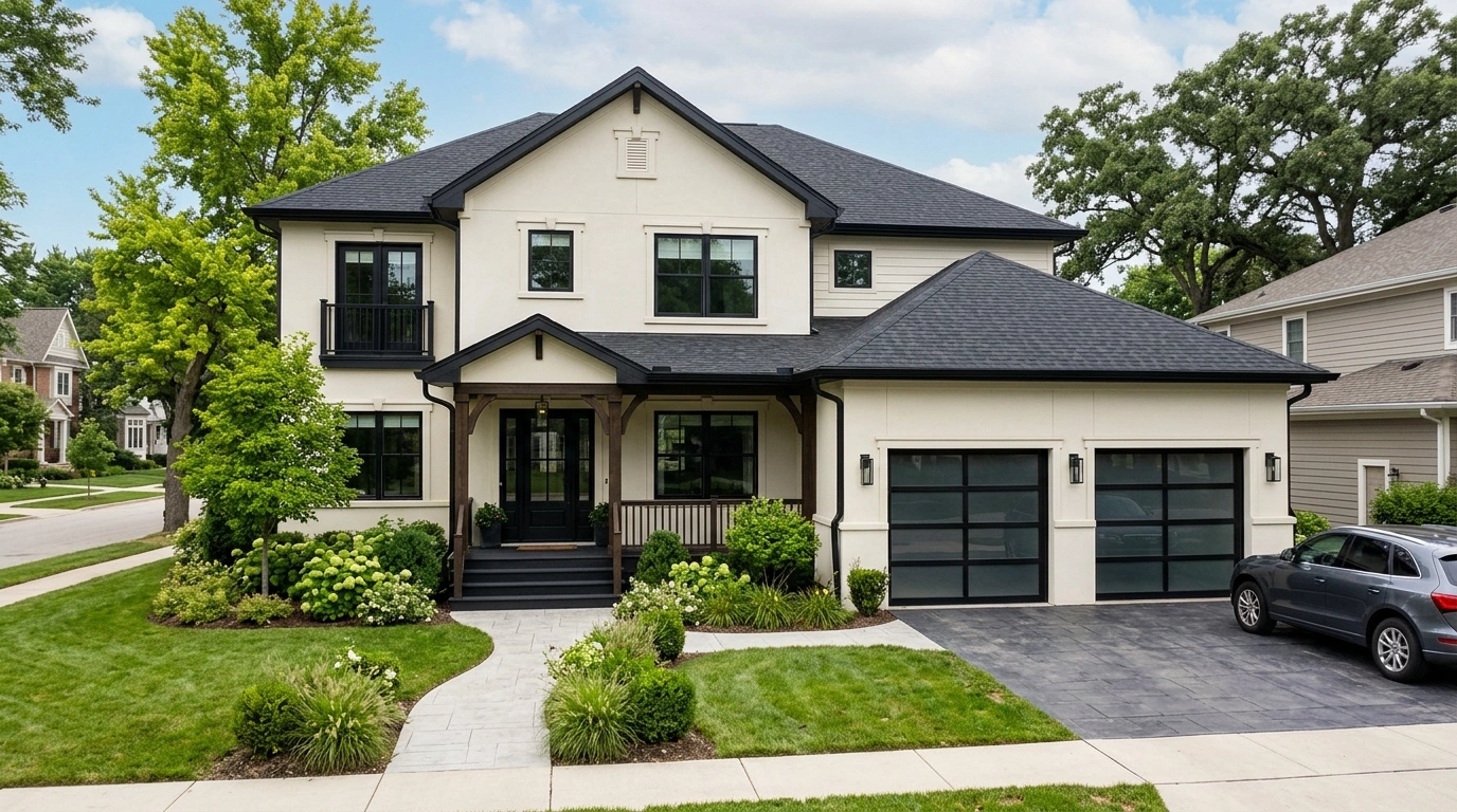 Cream House with Black Trim and Black Garage