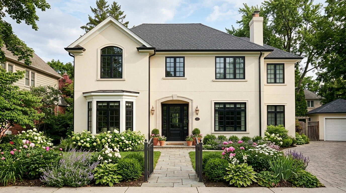 Cream House with Black Window Grids