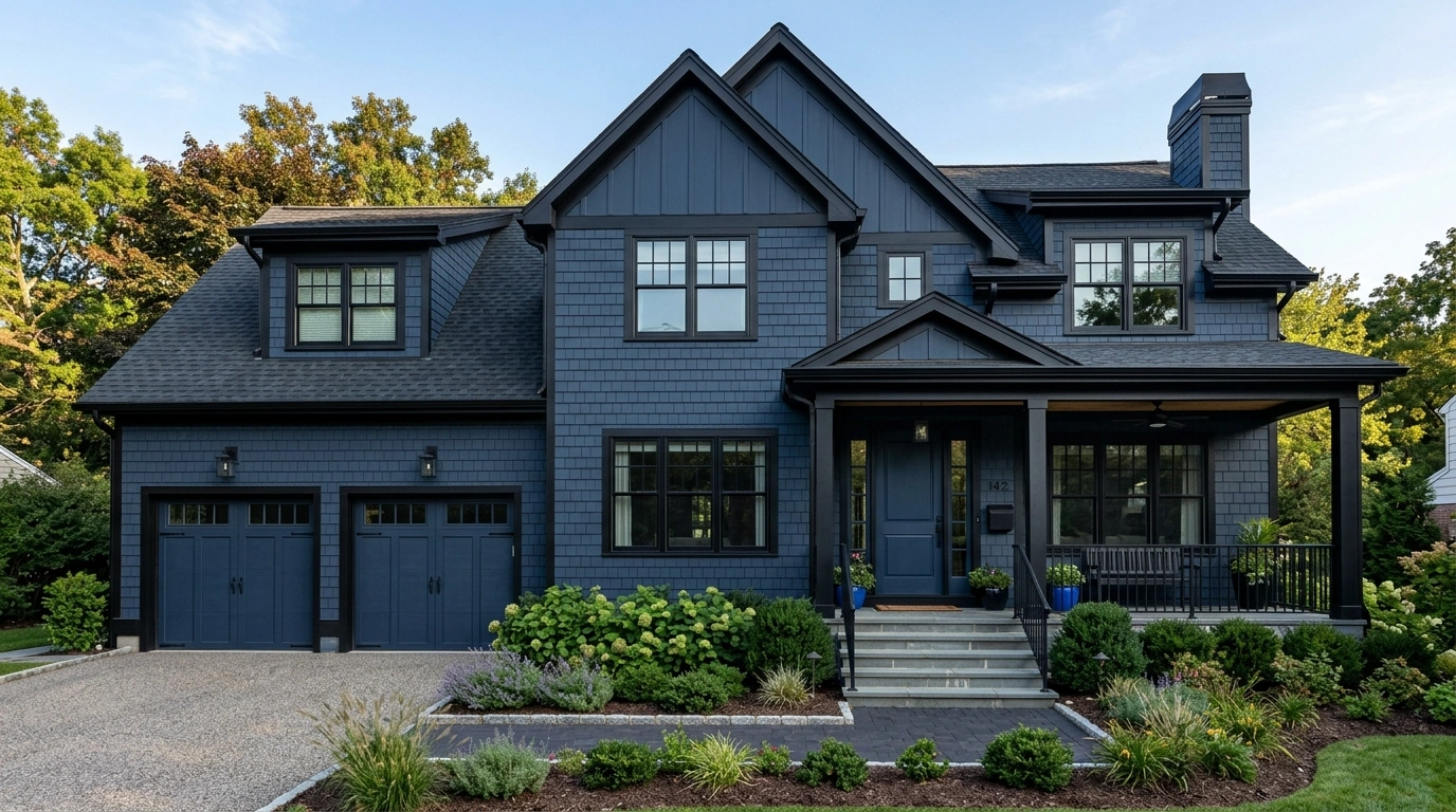 Dark Blue House with Black Trim and Blue-Black Color Scheme