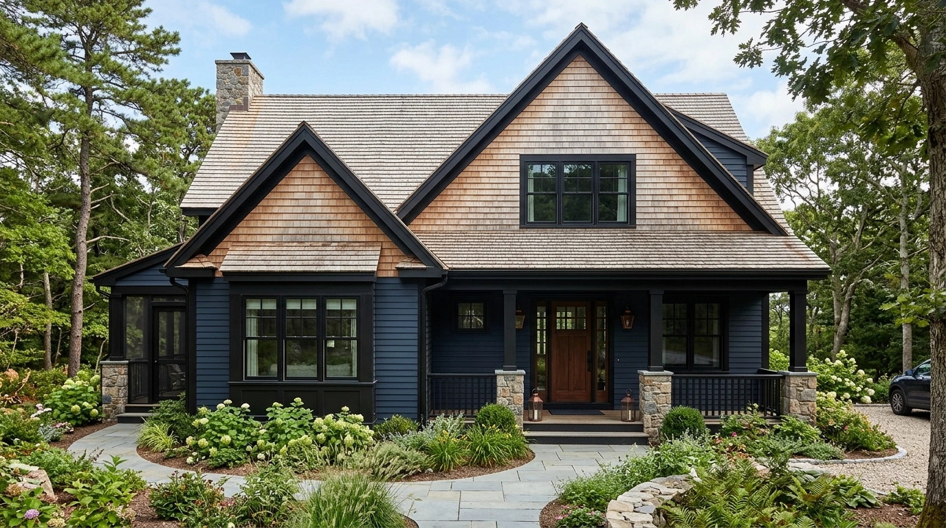 Dark Blue House with Black Trim and Cedar Shingles