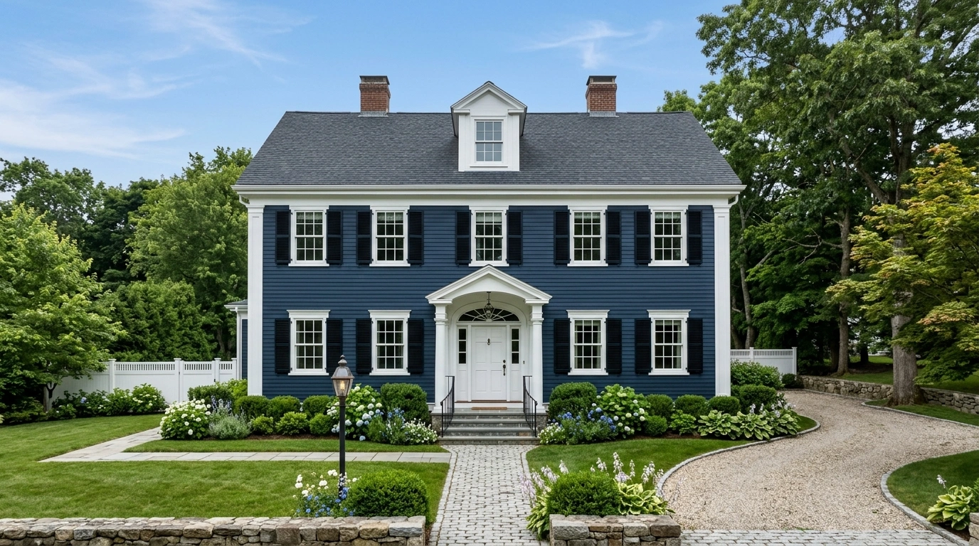 Dark Blue House with Colonial Symmetry