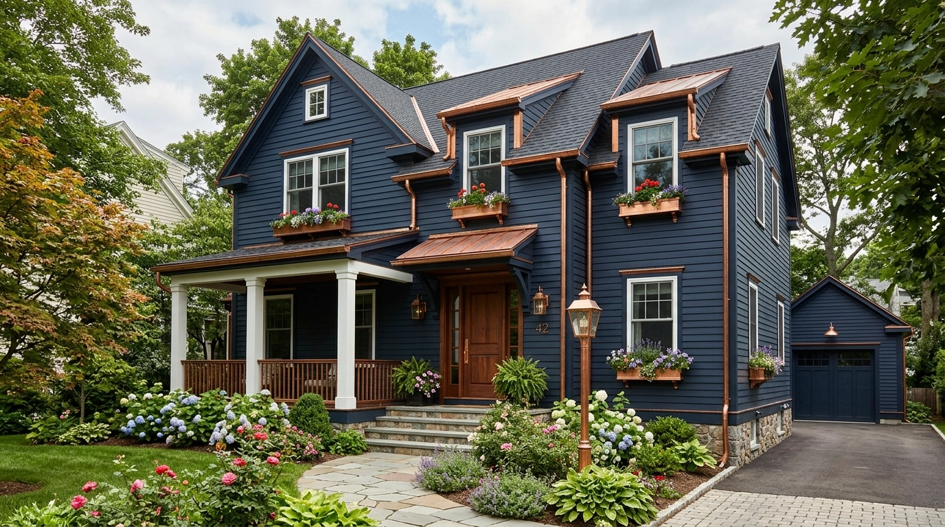 Dark Blue House with Copper Details