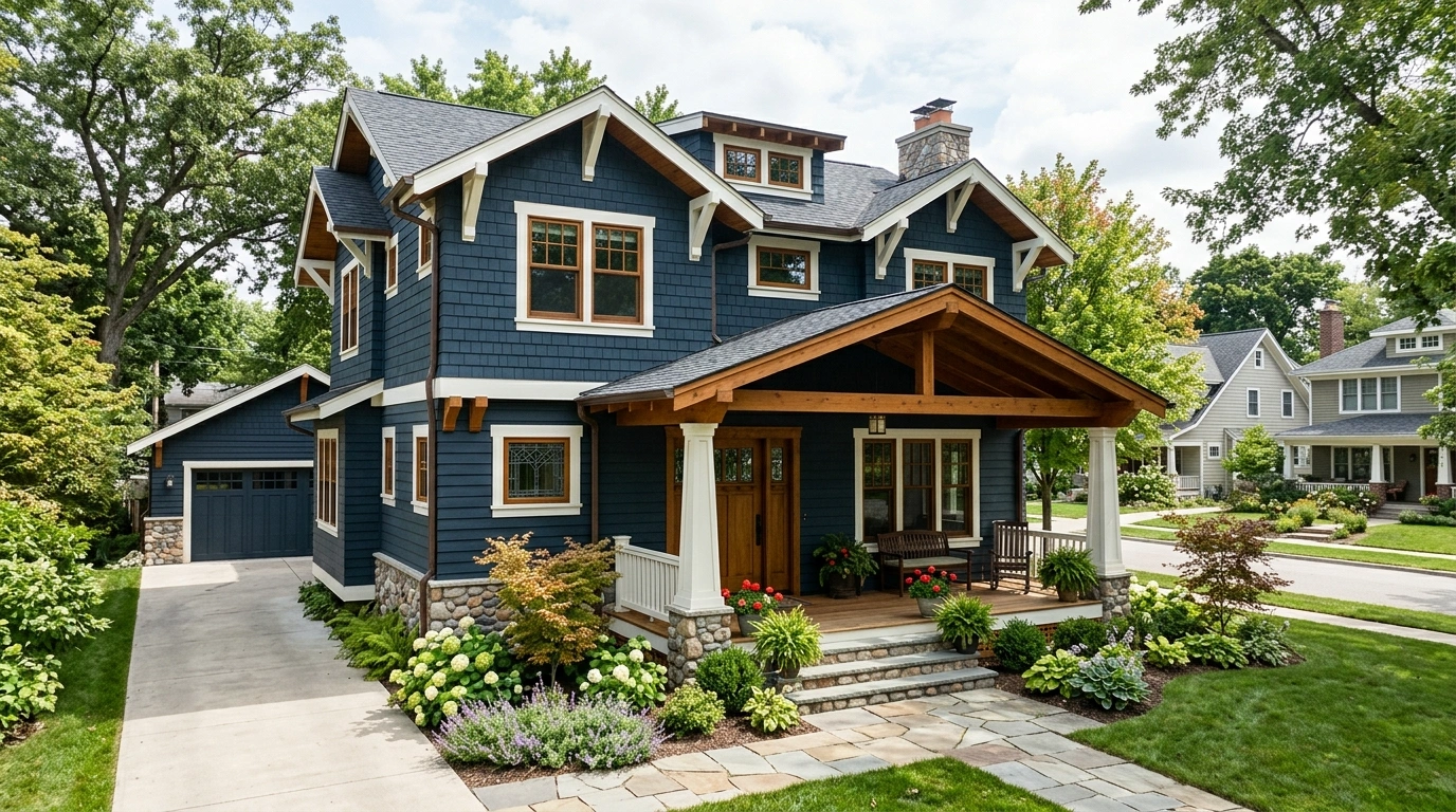 Dark Blue House with Craftsman Architecture