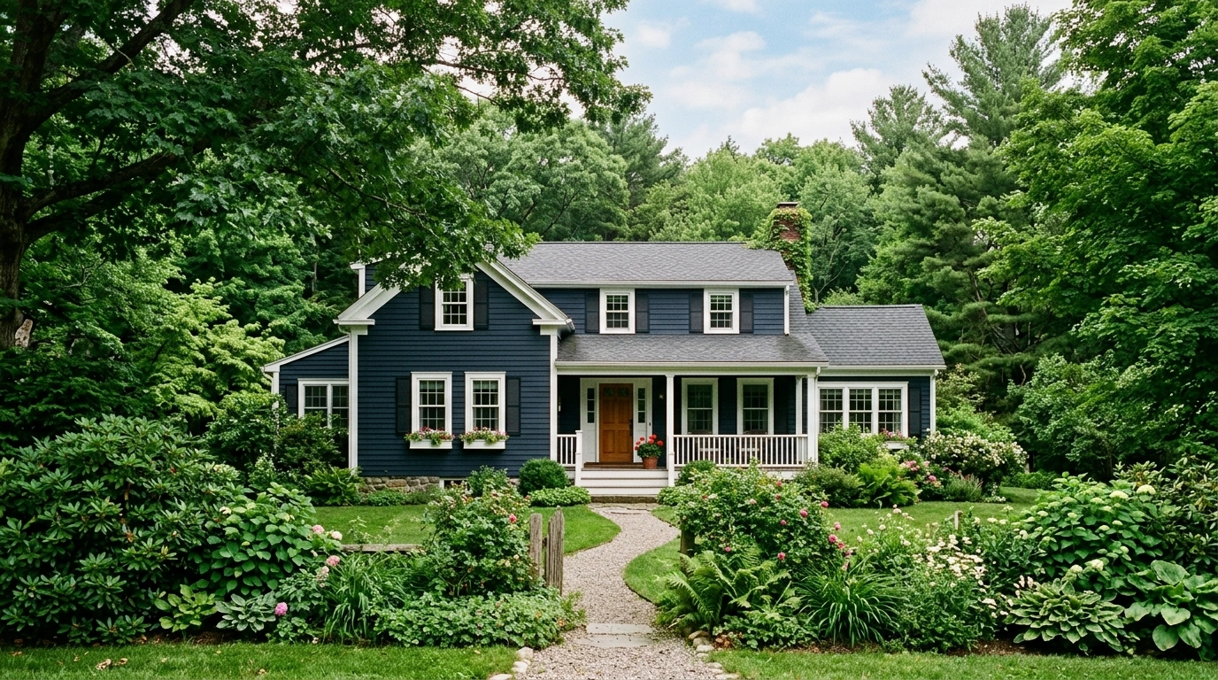 Dark Blue House with Deep Green Surroundings
