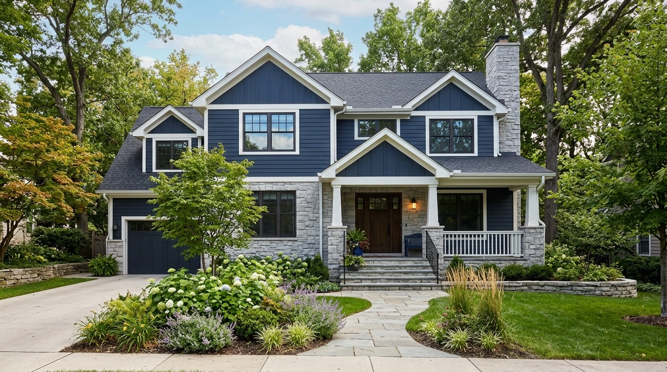 Dark Blue House with Light Gray Stone