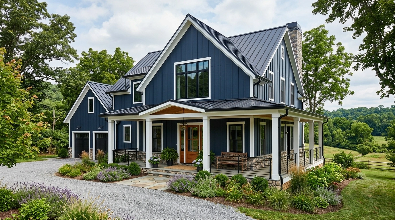 Dark Blue House with Modern Farmhouse Architecture