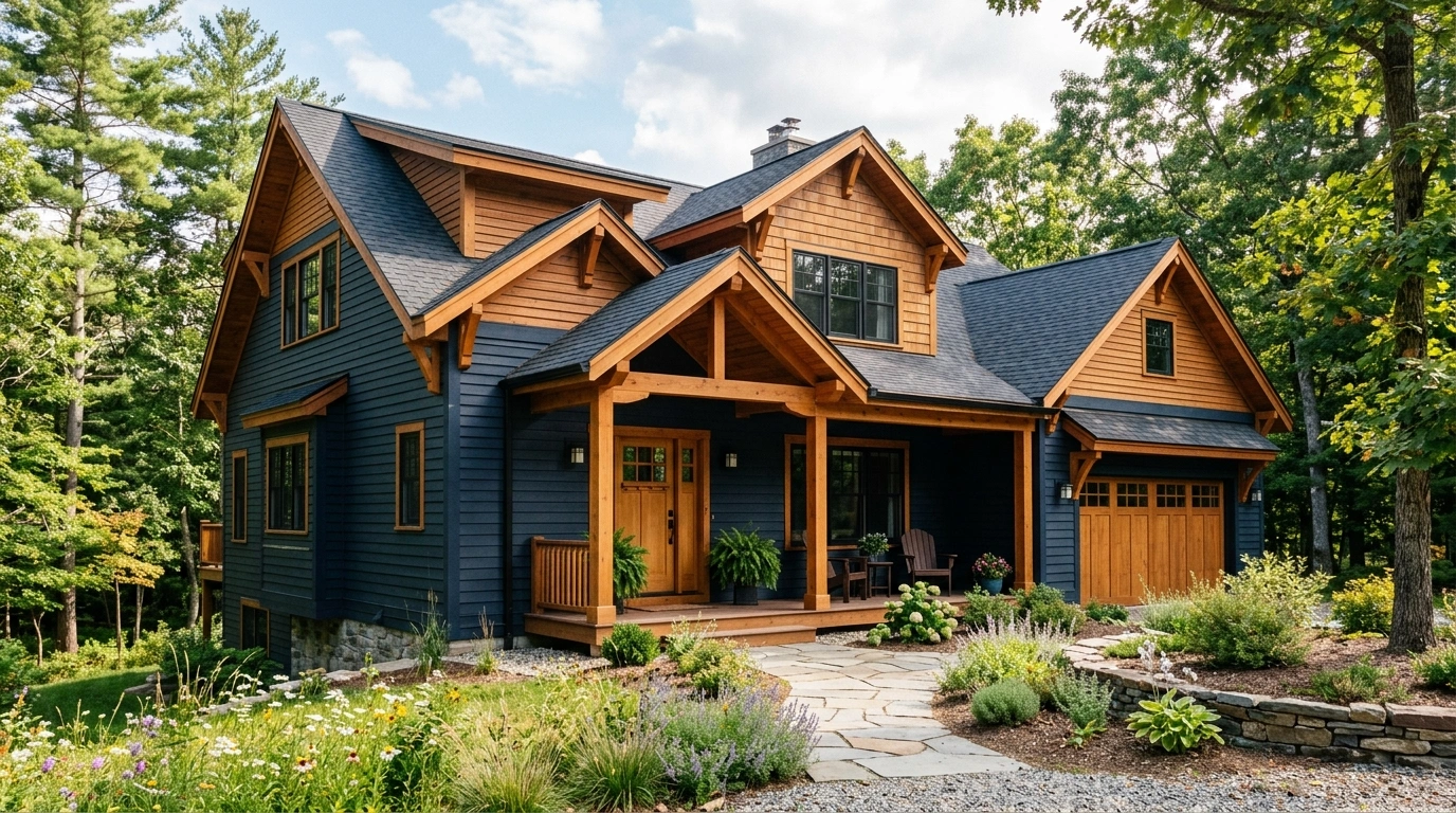 Dark Blue House with Natural Wood Details