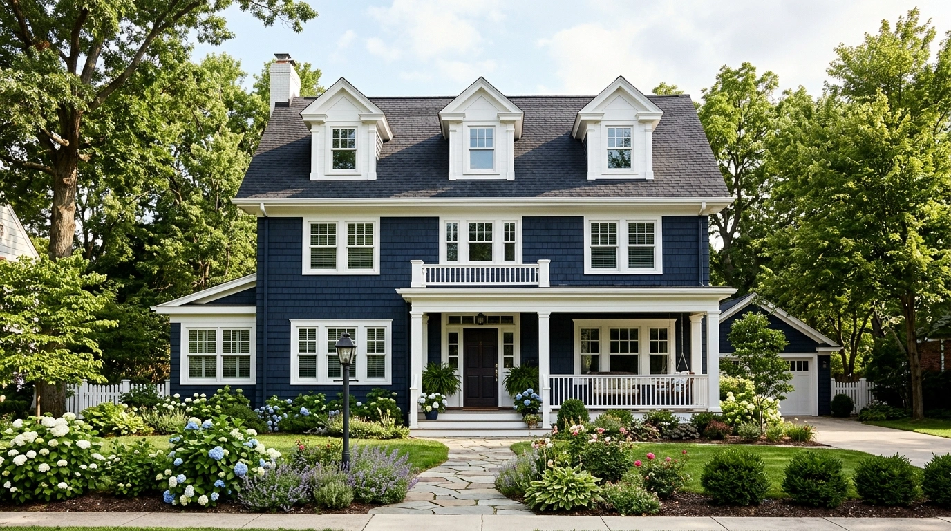 Dark Blue House with White Dormer Windows