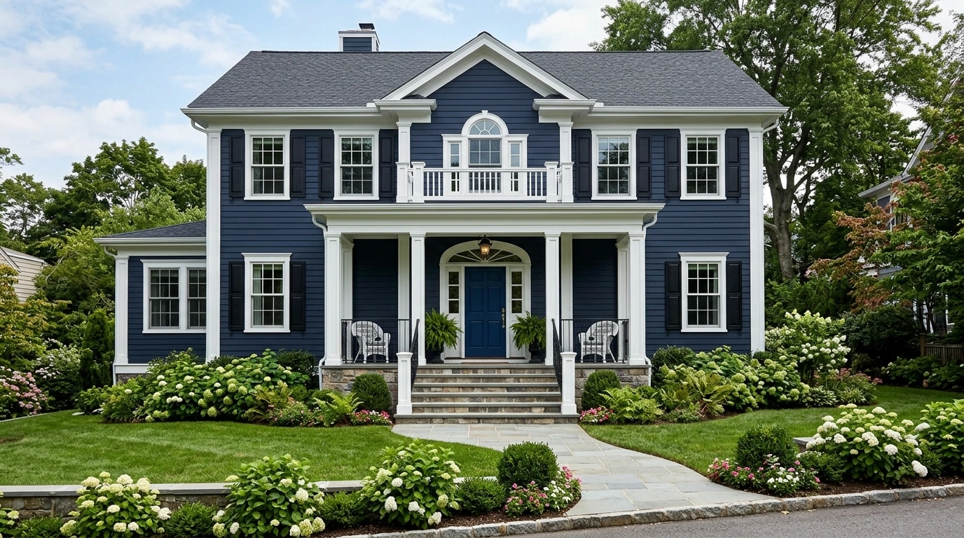 Dark Blue House with White Trim and a Symmetrical Entrance