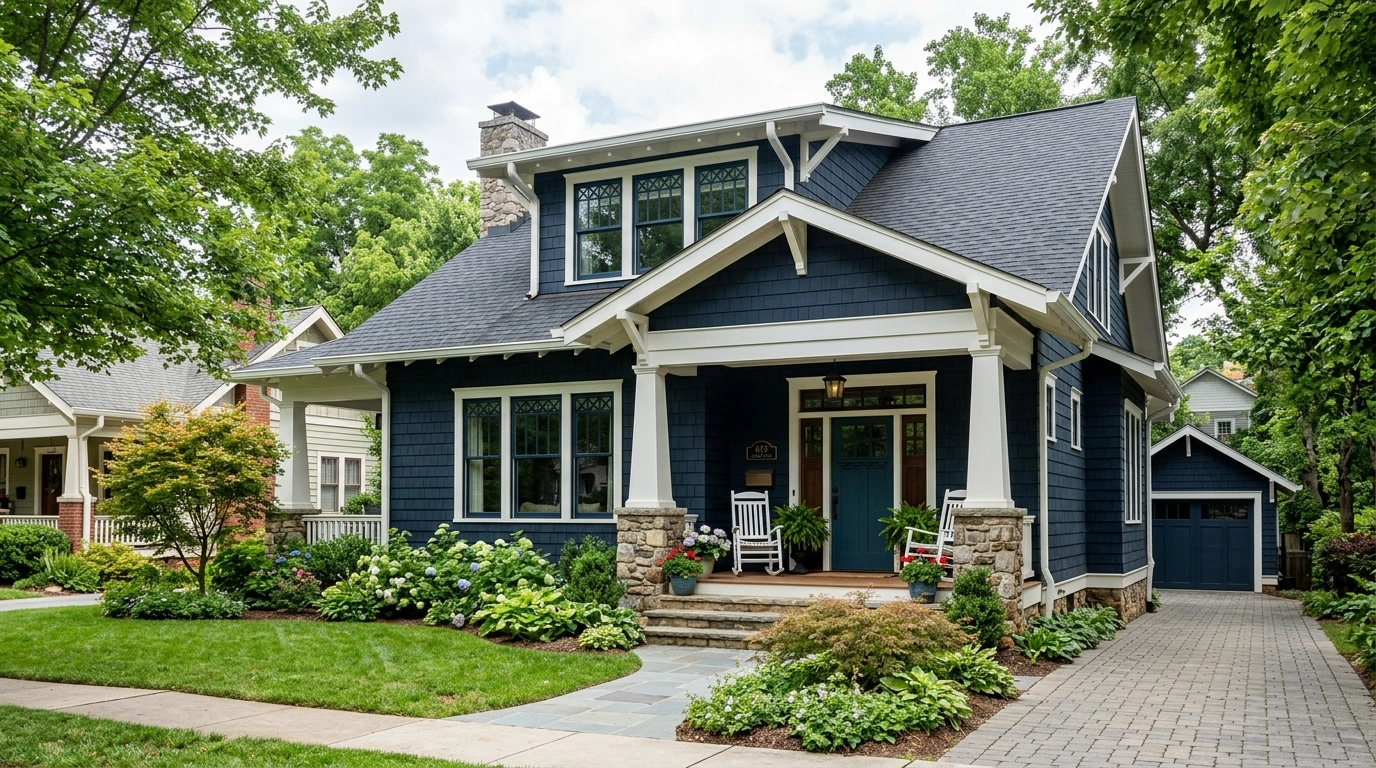 Dark Blue House with White Trim and Craftsman Details