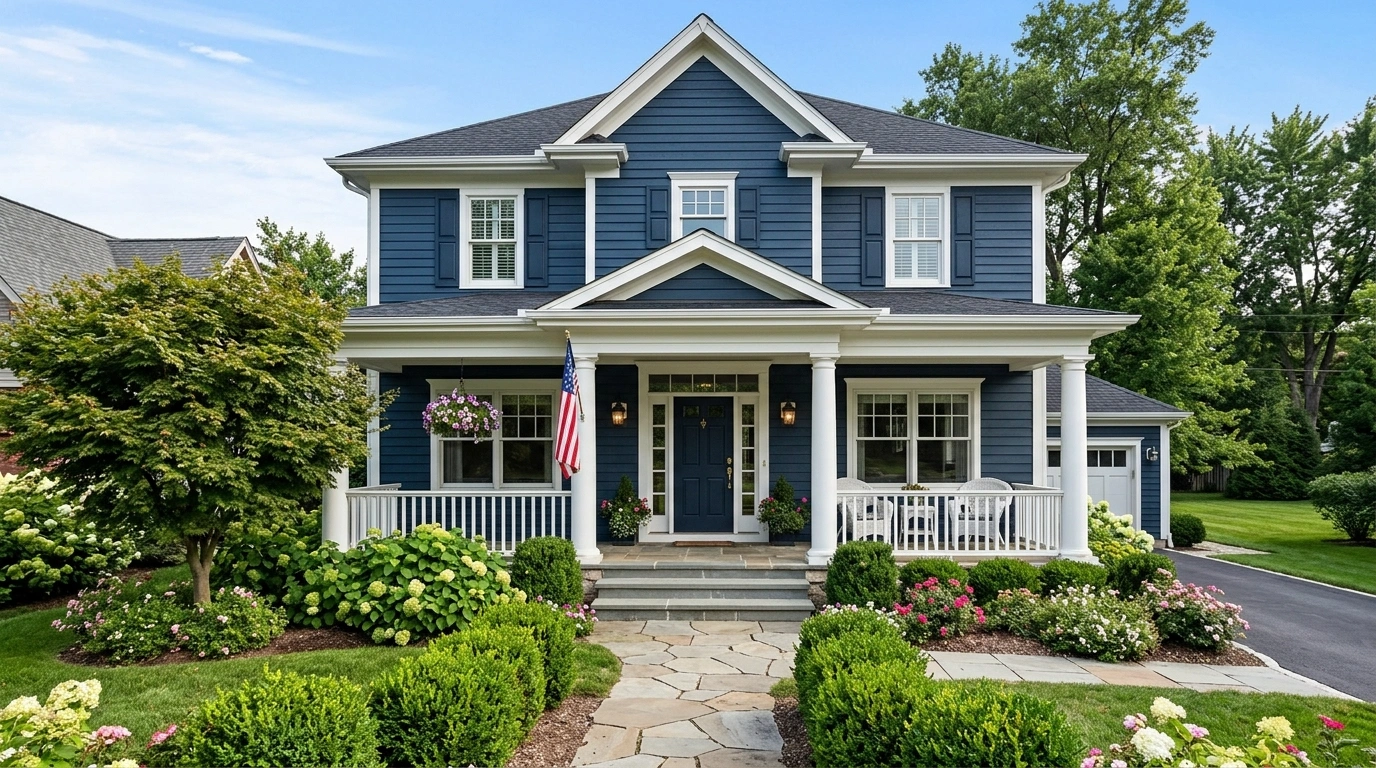 Dark Blue House with White Trim and White Columns