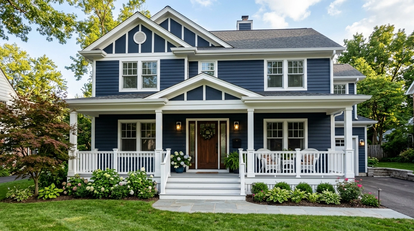 Dark Blue House with White Trim and Porch Railings