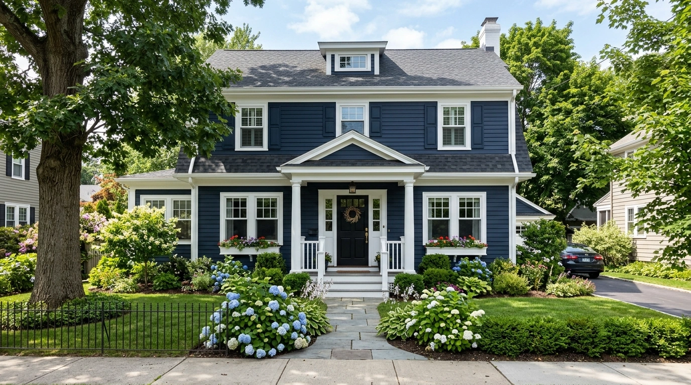 Dark Blue House with White Trim and a Black Front Door
