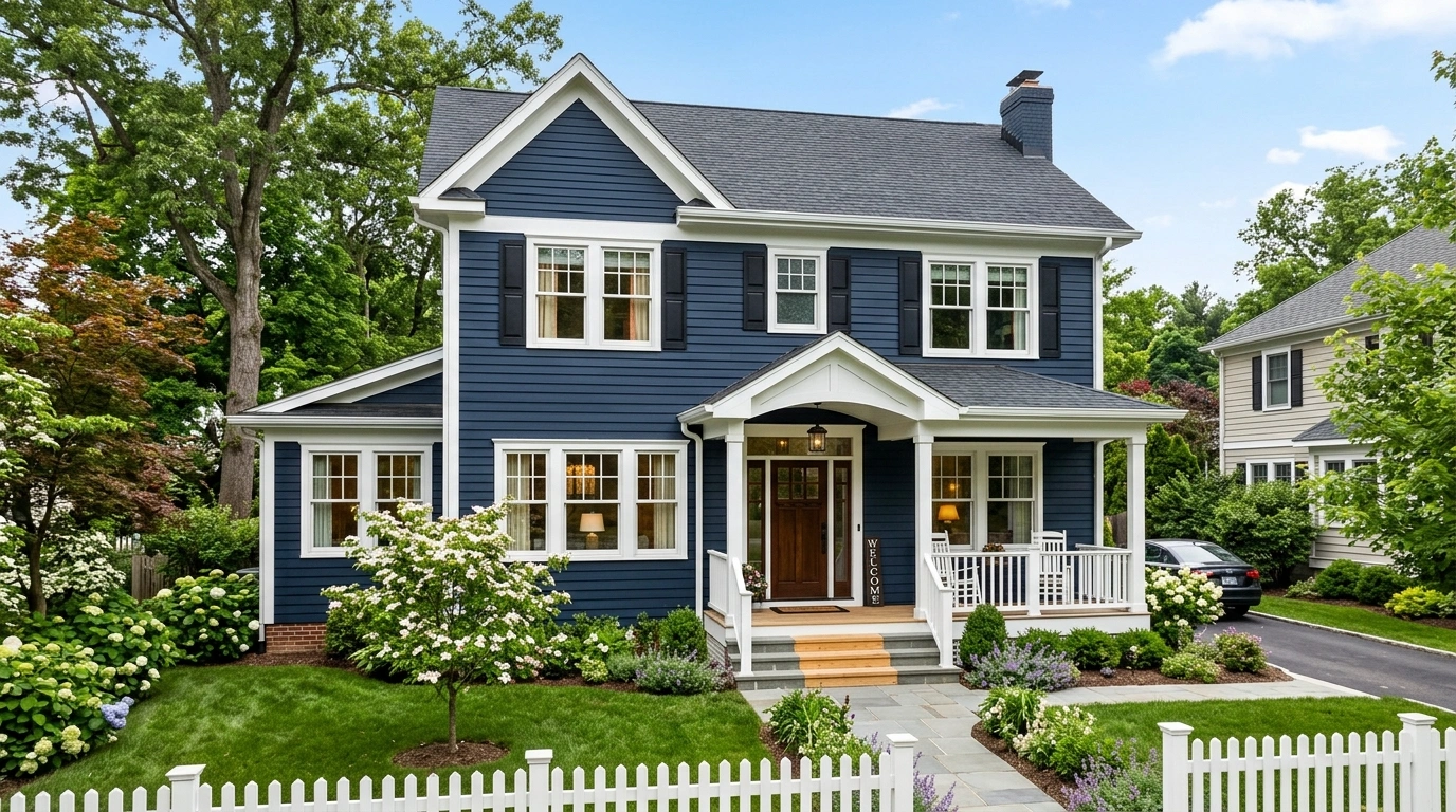 Dark Blue House with White Trim and classic Siding