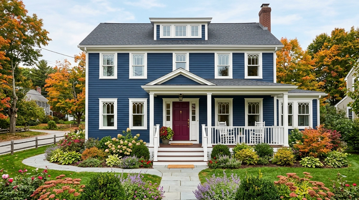 Dark Blue House with a Burgundy Door
