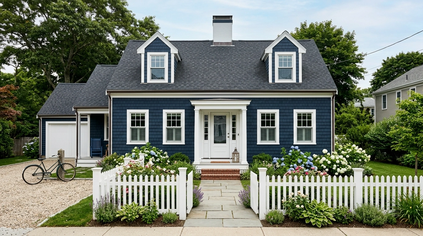 Dark Blue House with a Cape Cod Exterior