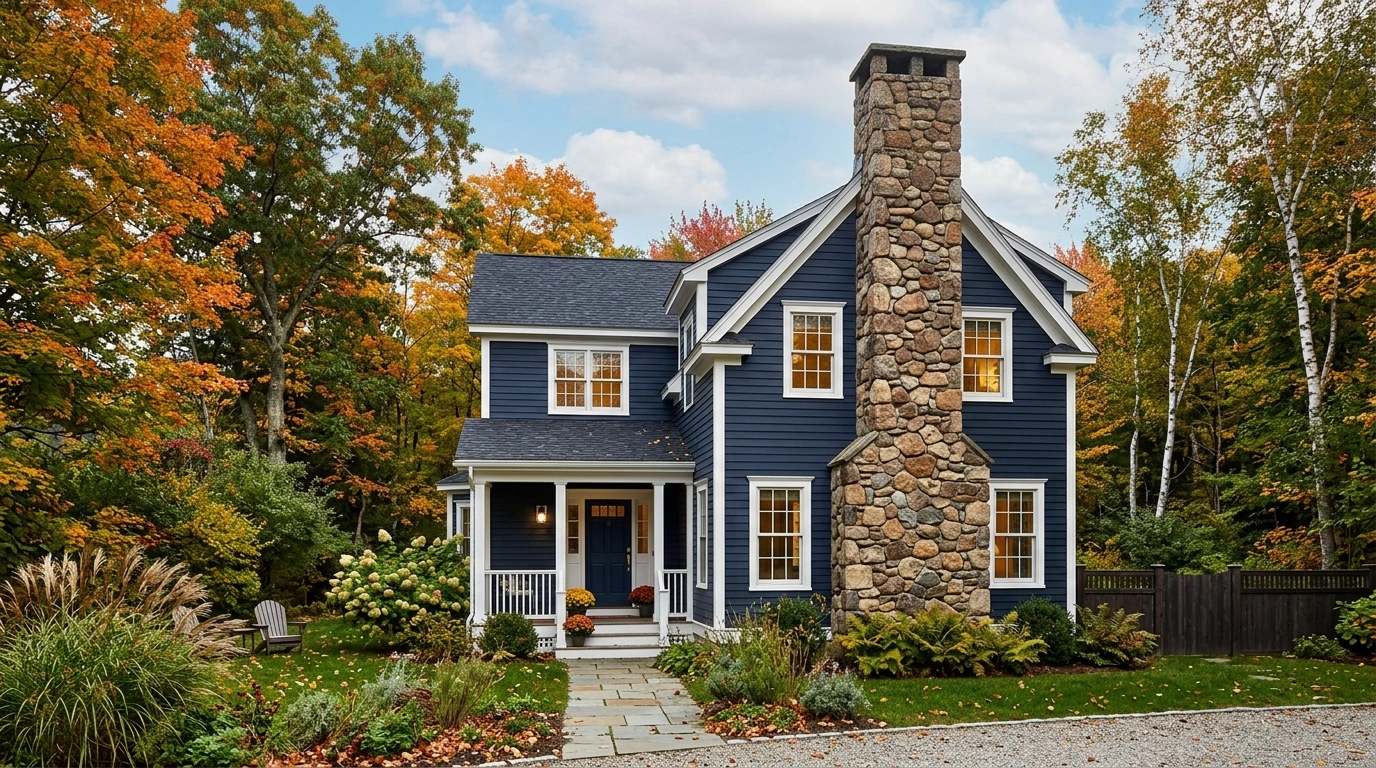 Dark Blue House with a Natural Stone Chimney
