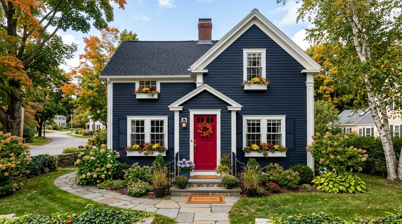 Dark Blue House with a Red Front Door