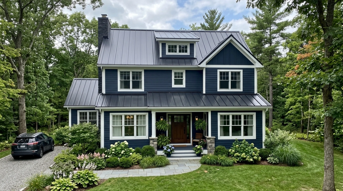 Dark Blue House with a Standing Seam Metal Roof
