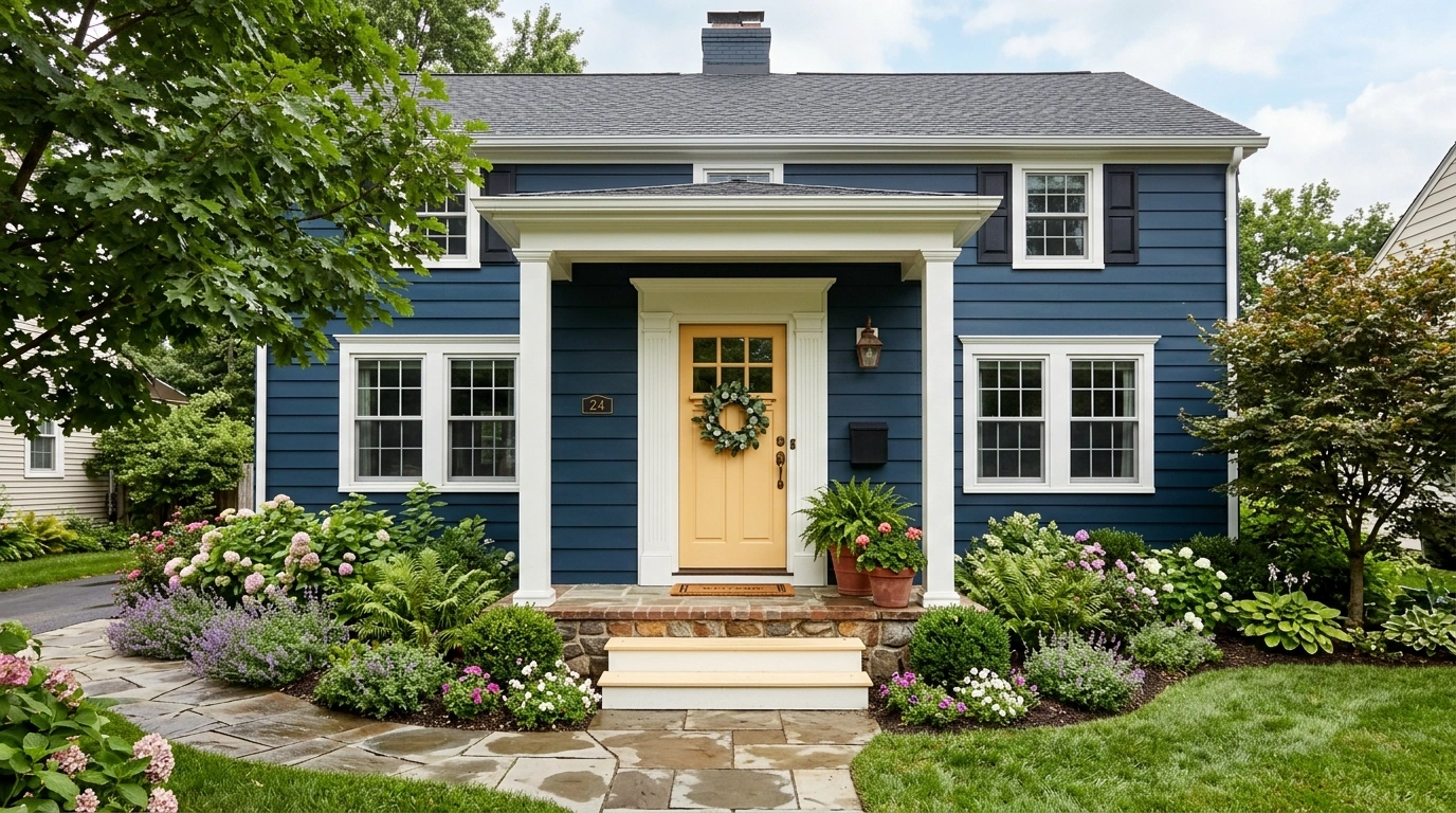 Dark Blue House with a Warm White Door