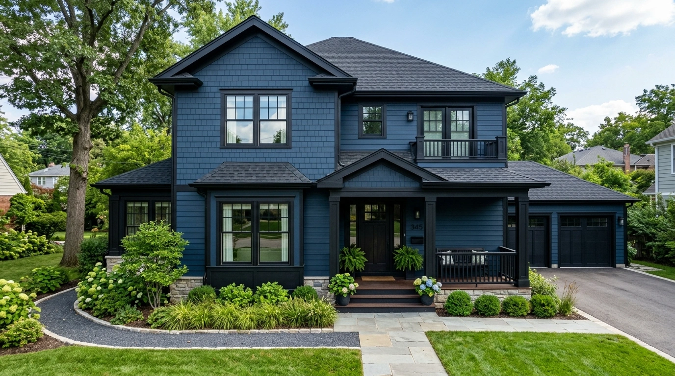 Dark Blue House with black trim and Midnight Blue