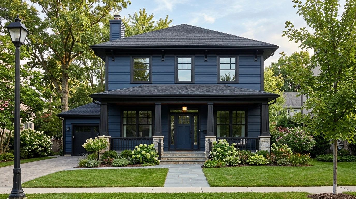 Dark Blue house with black trim and Navy blue exterior