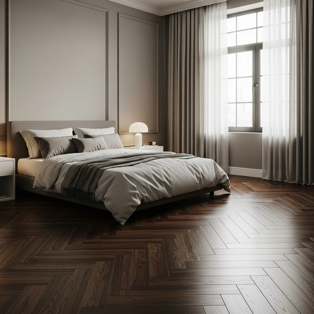 Dark Herringbone Wood Flooring Bedroom