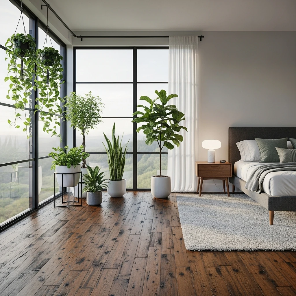 Dark Reclaimed Wood Flooring Bedroom