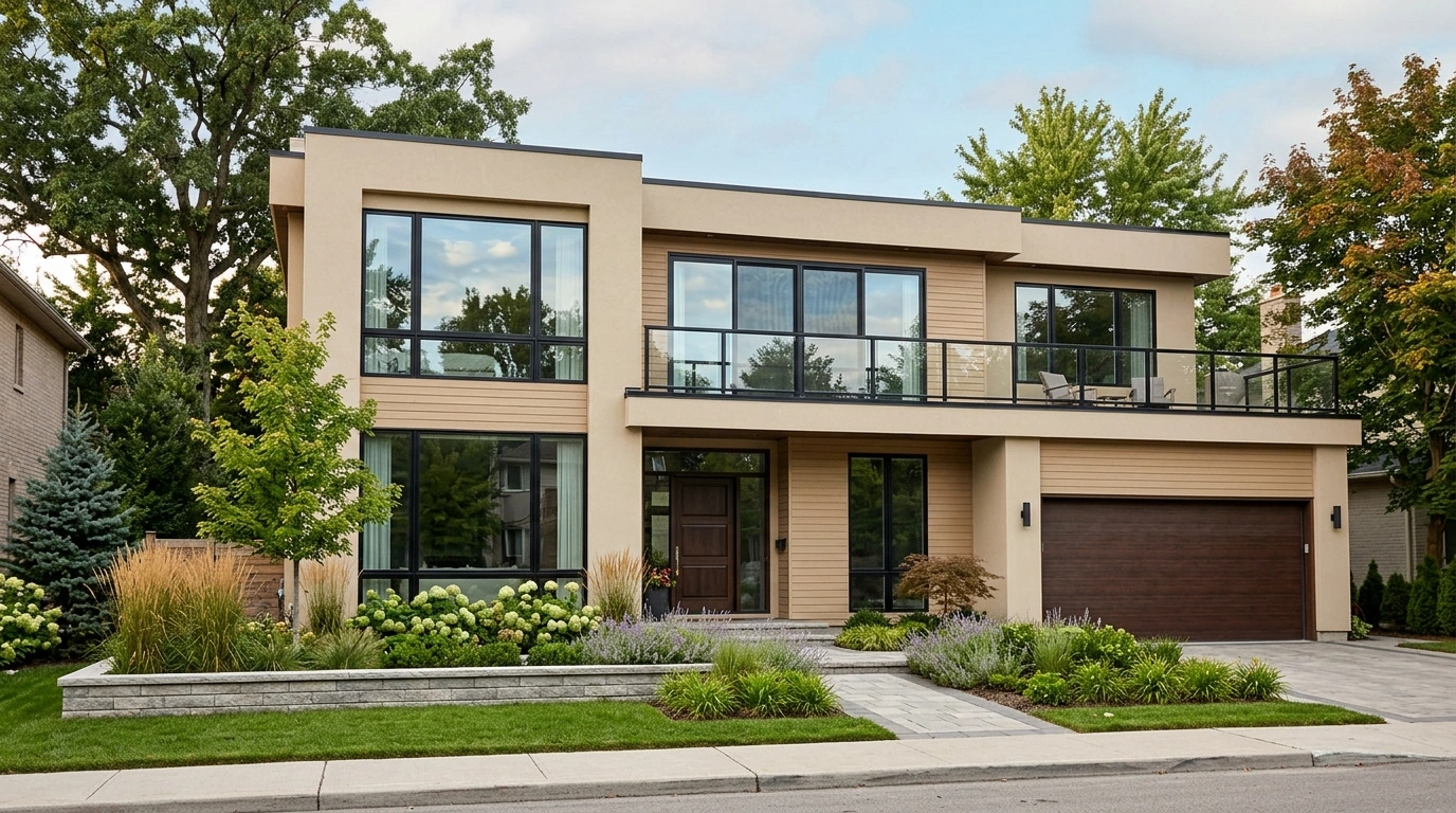 Light Tan House and Large black  Windows