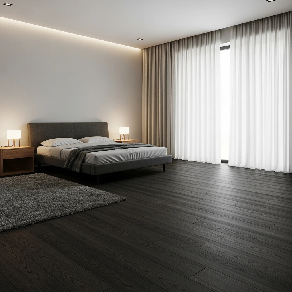Modern Charcoal Dark Wood Flooring Bedroom